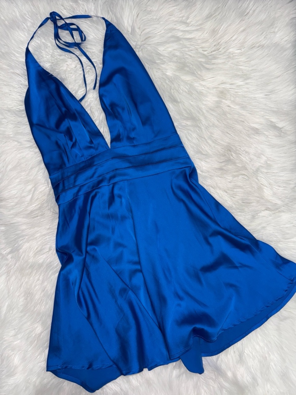 Forever 21 Blue Satin Halter Dress Deep V Mini Dress